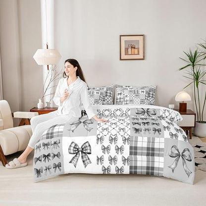 Feelyou Gray Bow Queen Comforter Set with Sheets for Kids Boys Girls Princess Bow 7 Pieces Bedding Set Cute Bowknot Bed in a Bag Kawaii Room Decor Soft Lightweight Microfiber