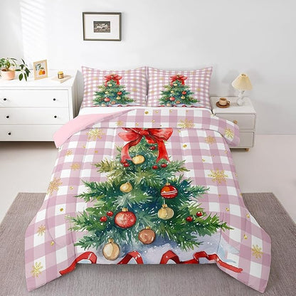 Watercolor Christmas Tree Comforter Set Full Size,Pink Grid Patchwork Bedding Set 3Pcs for Kids Girls Boys Women Room Decor,Gold Snowflake Quilt Set Winter New Year Duvet Insert,2 Pillowcases