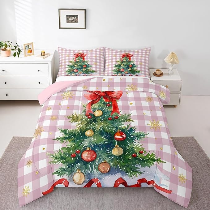 Watercolor Christmas Tree Comforter Set Queen Size,Pink Grid Patchwork Bedding Set 3Pcs for Kids Girls Boys Women Room Decor,Gold Snowflake Quilt Set Winter New Year Duvet Insert,2 Pillowcases