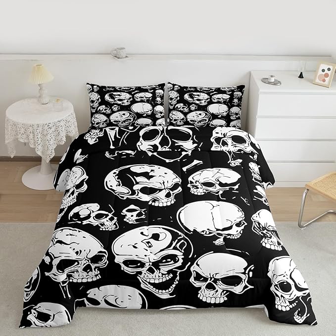 Erosebridal Boys Black Skull King Size Comforter Set, Halloween Skeleton Skull Bedding Set, Gothic Skeleton Comforter for Kids Teens Adults Men Goth Room Decor, Terror Theme Black Quilt