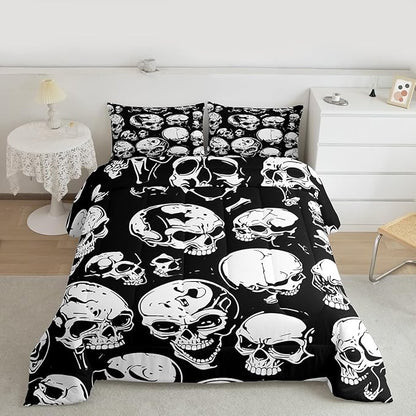 Erosebridal Boys Black Skull Bedding Set Twin, Halloween Skeleton Skull Comforter Set, Gothic Skeleton Comforter for Kids Teens Adults Men Goth Room Decor, Terror Theme Black Quilt