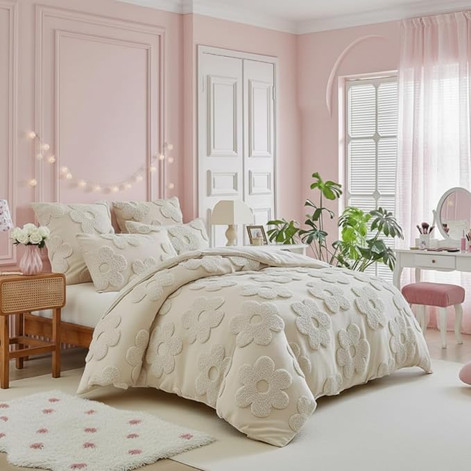 Frienda Spring Floral Full Comforter Cover Set for Girl Women 3 Pcs Tufted Khaki Floral Bedding Set Embroidery Boho Warm Tufted Bedding Include 1 Comforter Cover 2 Pillow Case for Home Gift