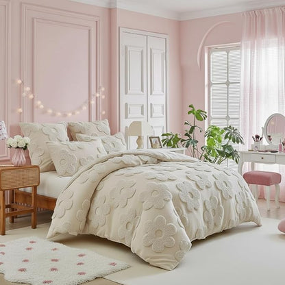 Frienda Spring Floral Full Comforter Cover Set for Girl Women 3 Pcs Tufted Khaki Floral Bedding Set Embroidery Boho Warm Tufted Bedding Include 1 Comforter Cover 2 Pillow Case for Home Gift
