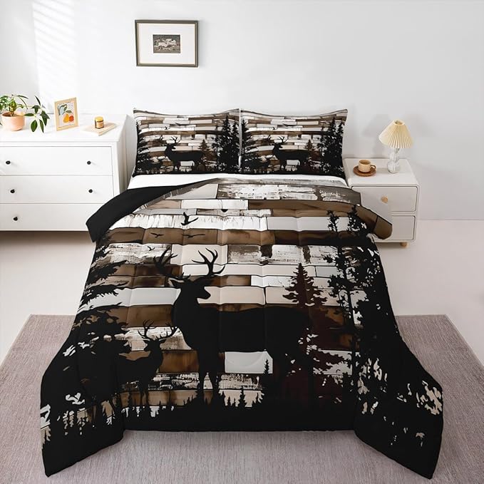 Feelyou Deer Hunting Bedding Set Wild Animal Comforter Set for Kids Boys Girls Rustic Farmhouse Comforter Retro Cabin Quilt Set Bedroom Collection 3Pcs Queen Size