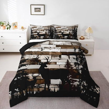 Feelyou Deer Hunting Bedding Set Wild Animal Comforter Set for Kids Boys Girls Rustic Farmhouse Comforter Retro Cabin Quilt Set Bedroom Collection 3Pcs Queen Size