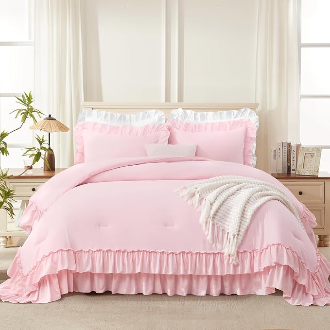 Andency Super King Plus Ruffle Comforter Set, 3 Pieces Cute Farmhouse Shabby Chic Bedding Set, Soft Lightweight Ruffled Oversized California King Comforter 128x120 (1 Comforter 2 Pillowcases), Pink