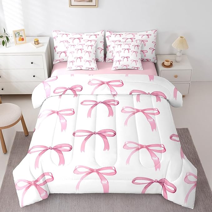 Feelyou Bow Bedding Set for All Season Boys Girls Twin Size Cute Bowknot 7 Pieces Comforter Sets for Kids Women Men Pink Girls Bow Bed in a Bag with Comforter, Sheets, Pillowcases & Cushion Cover