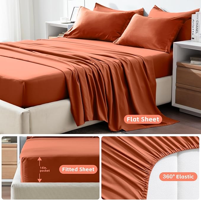 COZYART Queen Comforter Set 7 Pcs, Burnt Orange Bed in a Bag, All Season Lightweight Soft Reversible Bedding Set, 1 Comforter, 1 Flat Sheet, 1 Fitted Sheet, 2 Pillow Shams, 2 Pillowcases