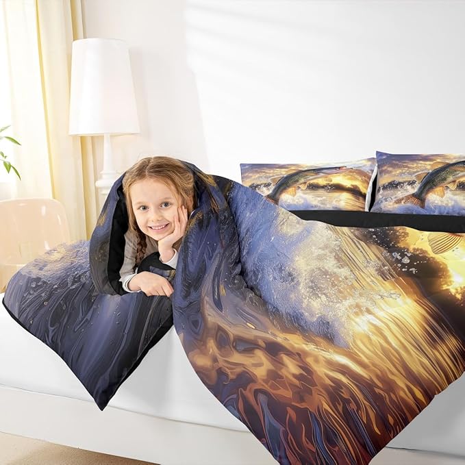 Erosebridal Fishing Theme King Bedding Set - Big Bass Pike Fish Comforter Set for Boys Kids Men | Farmhouse Lake House Quilt | Fisherman Hunting Bedroom Decor with 2 Pillowcases