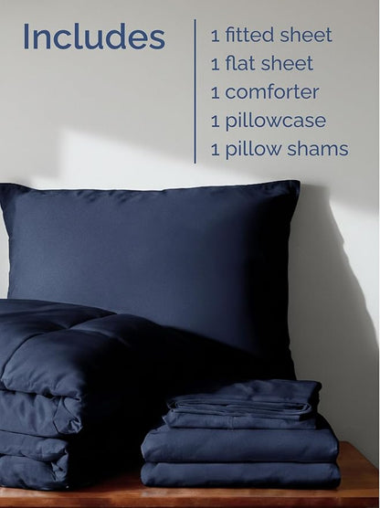 Twin XL Comforter Set - 5 Piece Bed in a Bag Twin XL Size Bed Set - Down Alternative Comforter, Flat Sheet, Fitted Sheet, Pillowcase & Sham for All Seasons - Ultra Soft, Comfy and Breathable - Navy