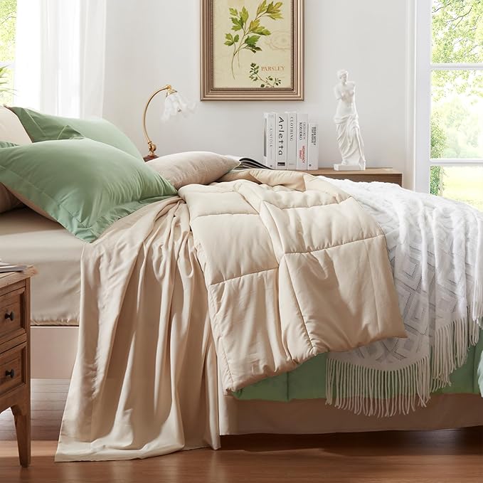 Anluoer King Size Bed in a Bag 7 Pieces, Sage Green Bed Comforter Set with Sheets, All Season Bedding Sets with 1 Comforter, 2 Pillow Shams, 2 Pillowcases, 1 Flat Sheet, 1 Fitted Sheet