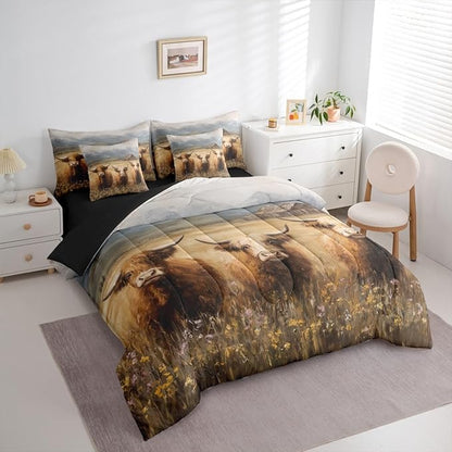 Erosebridal Western Highland Cow Comforter Sets with Sheets, Flower Highland Bull Bedding Set Twin for Boys Girls Rustic Farm Animal 7Pcs Bed in A Bag Watercolor Floral Farmhouse Bed Set