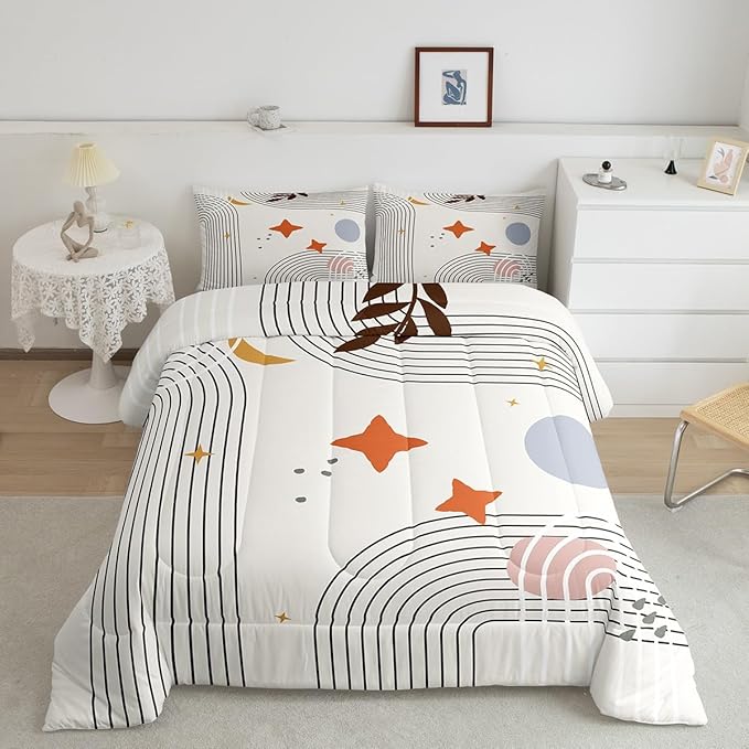 Erosebridal Abstract Red Sun Comforter King Geometric Lines Bedding Set, Aesthetic Down Comforter Vintage Minimalist Bed Set, Modern Quilted Duvet Luxury Grey Circle Room Decoration