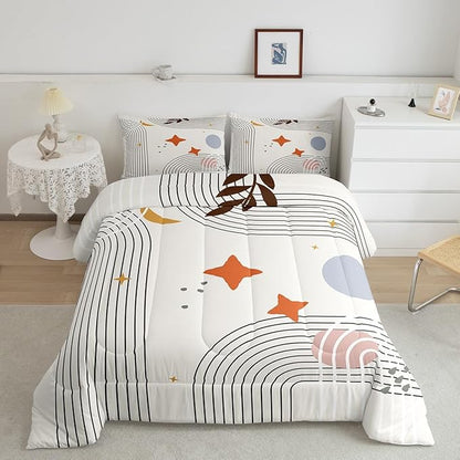 Erosebridal Abstract Red Sun Bedding Set Queen Geometric Lines Comforter Set, Aesthetic Down Comforter Vintage Minimalist Bedding Comforter Sets, Modern Duvet Insert Luxury Grey Circle Room Decoration