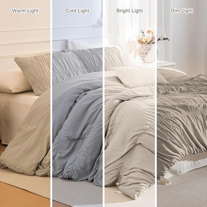 Masaca Oversized King Comforter(120"x98"),Ruched Ruffle California King Comforter Set,3 Pieces Lightweight Linen Color Extra Large Farmhouse Shabby Boho Chic French Country Rustic Bedding Set