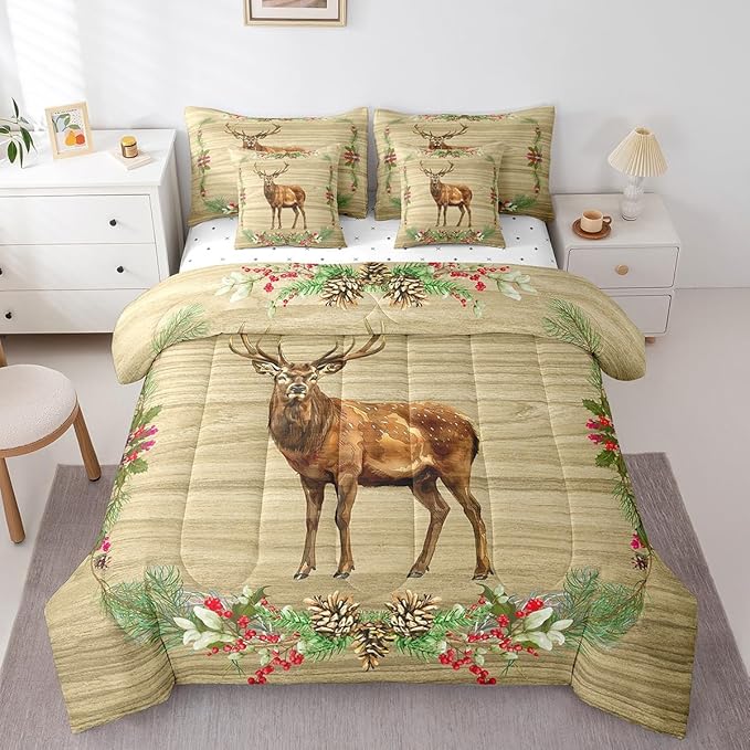 Elk Deer Bed in a Bag King Size Comforter Set 7 Pieces,Woodland Animals Bedding Sets Botanical Pinecone Sheet Set with Comforter