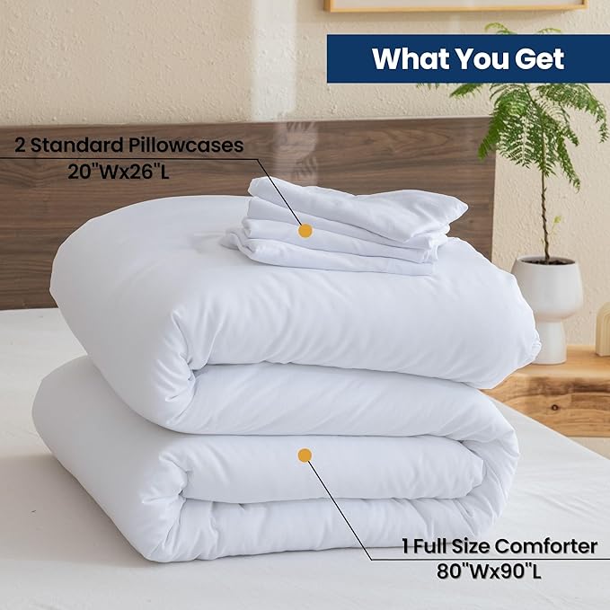 Paxrac White Comforter Full Size, 3 Pieces Boho Comforter Set, Lightweight Solid Bedding Set, All Seasons Soft Breathable Full Bed Set (80x90In Comforter & 2 Pillowcases)