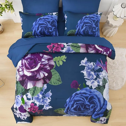 Drucon Blue Floral Comforter Set King, 7 Pieces Bed in a Bag Botanical Floral Comforter Soft Microfiber Dark Blue Bedding Set King Size Bed with Sheet and Pillowcase