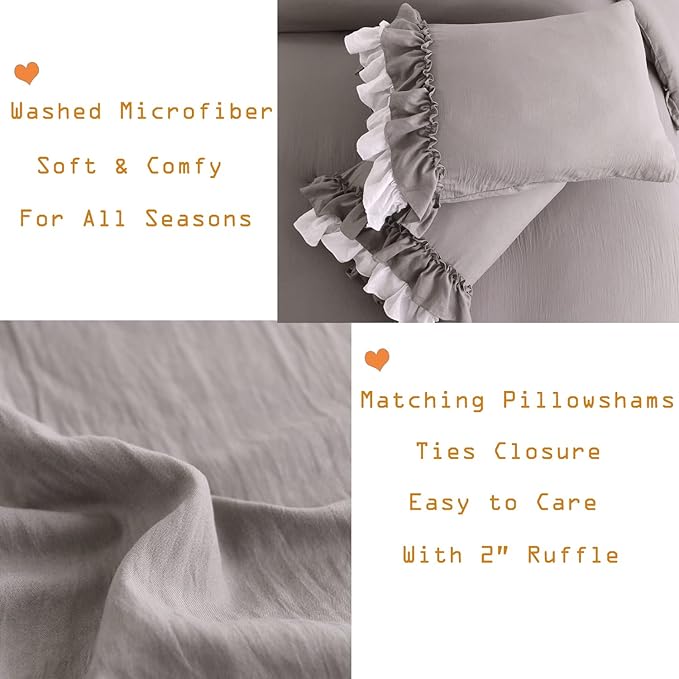 Masaca Ruffle Queen Comforter Set,Grey White Ruffled Comforter Sets for Queen Bed Shabby Boho Chic Farmhouse Bedding Set(1 Ruffle Comforter and 2 Pillowcases)