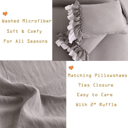 Masaca Ruffle Queen Comforter Set,Grey White Ruffled Comforter Sets for Queen Bed Shabby Boho Chic Farmhouse Bedding Set(1 Ruffle Comforter and 2 Pillowcases)