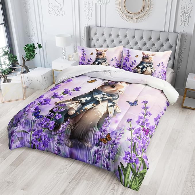 Lavender Rabbit Comforter Queen Kids Rabbit Bedding Set Cute Bunny Quilt Bed Set Bedroom Decor Includes 1 Comforter, 2 Pillowcases for Girls Boys Teens