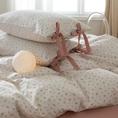 mixinni Floral White Comforter Set King Size, Farmhouse Bedding Sets Soft Fluffy Fresh Pink Flowers Green Leaves Comforter for All Season, 3 Pieces Cute Floral Bedding Comforter Set for Women