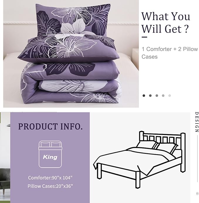 Menghomeus King Size Comforter Set Dark Purple Floral Bedding Comforter Sets Soft Microfiber Bed Comforter Set for All Season, 3 Piece Botanical Flowers Comforter, Pillowcases