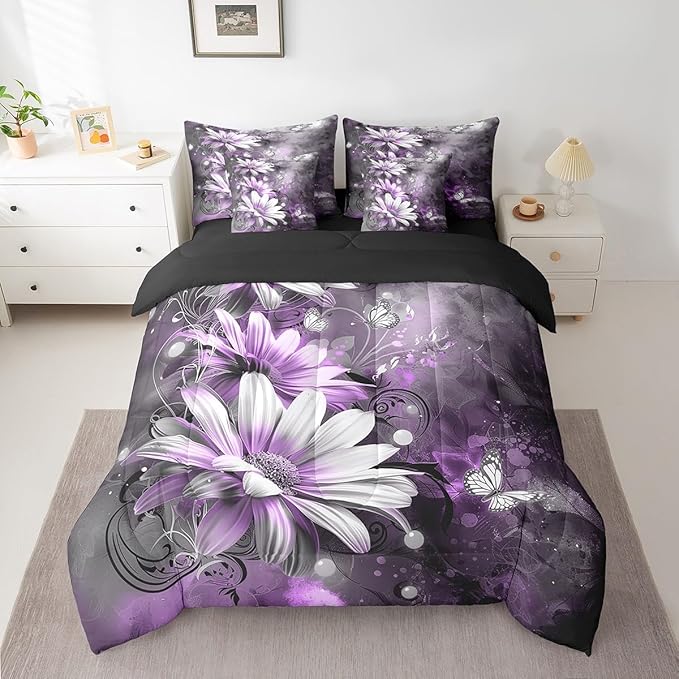 Feelyou Girls Vintage Flower Comforter Set with Sheets Queen Size 7 Pieces Kids Purple Daisy Florals Pattern Bedding Set for Boys Women Teens Butterfly Botanical Nature Garden Theme Bed in a Bag