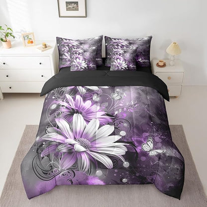 Feelyou Girls Vintage Flower Comforter Set with Sheets Queen Size 7 Pieces Kids Purple Daisy Florals Pattern Bedding Set for Boys Women Teens Butterfly Botanical Nature Garden Theme Bed in a Bag