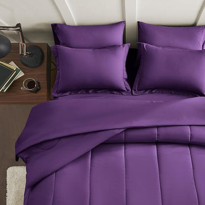 Maple&Stone Purple Comforter Set Full, 7 Pieces Bed in a Bag - Down Alternative Bed Set with Comforter, Sheets, Pillowcases & Shams, All Season Lightweight Bedding Set, Purple