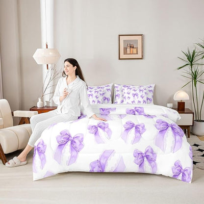 Erosebridal Purple Kids Girls Bowknot Bow King 7-Piece Comforter Set | Lace Princess Sheets and Pillowcases Dreamy Bed in A Bag Kawaii Cute Bed Sets