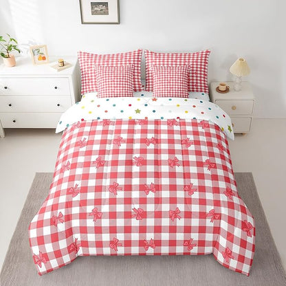 Feelyou Red Bow Comforter Set with Sheets Queen Size Kids Bowknot Pliad 7 Pieces Bedding Set for Boys Girls Teens Gift for Girls Women Grid Bed in a Bag Breathable Princess Décor Bed Set