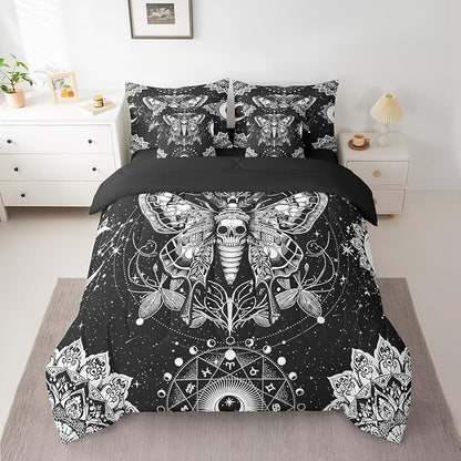 Feelyou Death Moth Bed in a Bag with Comforter, Queen Size 7Pcs Halloween Decorations Bedding Set with Comforter, Women Men Ultra Soft Skull Moth Decor Comforter Boho Room Decor