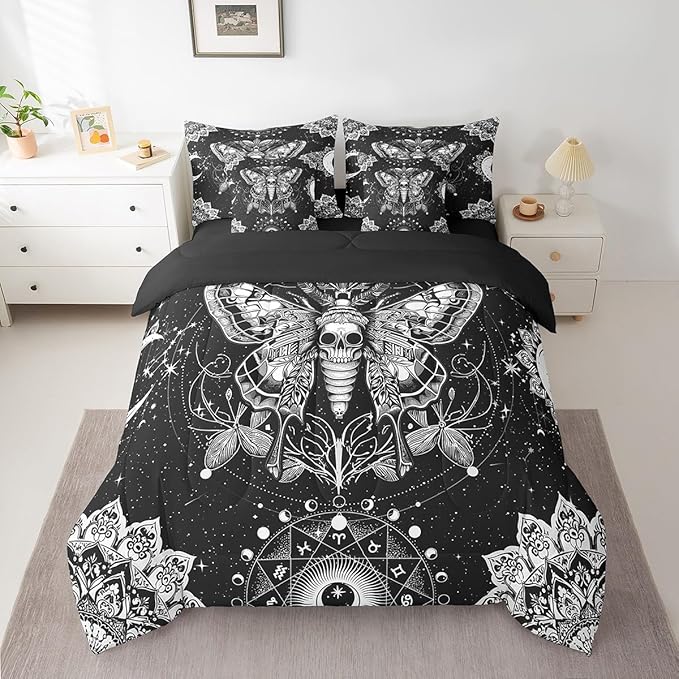 Feelyou Death Moth Bed in a Bag with Comforter, King Size 7Pcs Halloween Decorations Bedding Set with Comforter, Women Men Ultra Soft Skull Moth Decor Comforter Boho Room Decor