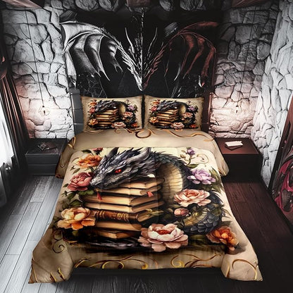 Manfei Black Dragon Comforter Queen,Vintage Animals Magic Books Quilt Comforter with 2 Pillowcases for All Season Bedroom,Rustic Flowers Botanical Plants Bedding Set Comfortable,Soft and Breathable