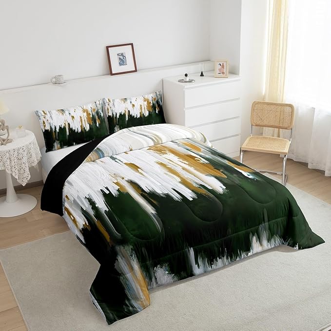 Erosebridal Green Emerald Comforter King Oil Painting Stripe Bedding Set, Brush Marks Contemporary Ombre Down Comforter Watercolor Graffiti Bed Set, Aesthetic Modern Quilted Duvet