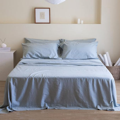 Simple&Opulence Belgian Linen Sheet Set Solid Color - 6 Pieces (1 Flat Sheet & 1 Fitted Sheet & 4 Pillowcases) 16" Deep Pocket Natural Flax Cotton Blended Soft Bedding - Dusty Blue, King Size