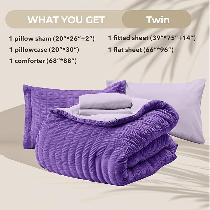 HYMOKEGE Dark Purple/Lavender Twin Comforter Set Seersucker 5 Pieces, All Season Luxury Bed in a Bag for Bedroom, Bedding Set with Comforter, Sheets, Pillowcase & Sham