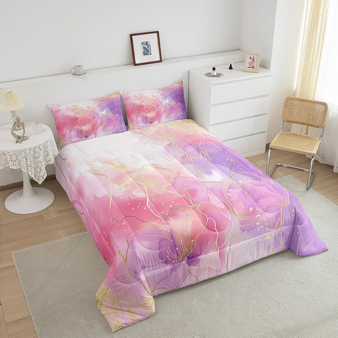 Erosebridal Pink Marble Bedding Comforter Sets Full Size, Tie Dye Decor Comforter Set for Boys Girls Women Bedroom, Gold Bronzing Bedding Purple Modern Abstract Quilt with 2 Pillowcases