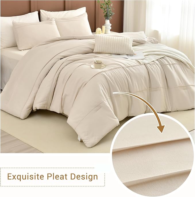CozyTide Queen Comforter Set(90"x95"),Cotton Pinch Pleated Bedding Set,3 Pieces Soft Lightweight Farmhouse Bedding Comforter Set（1 Wheat Comforter and 2 Pillowcases）