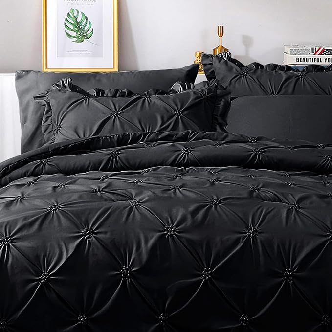 JOLLYVOGUE Black Twin Size Comforter Sets 5 Pieces, Pintuck Bed in a Bag Comforter Set for Bedroom, Bedding Comforter Sets with Comforter, Sheets,Ruffled Shams & Pillowcases