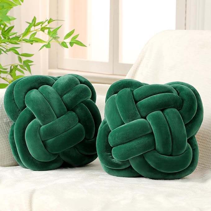 2 Pcs Knot Pillow Balls Set, 12 Inch Soft Decorative Throw Knot Pillow Ball, Large Square Knotted Floor Cushion for Living Room Bedroom Sofa Couch Bed Home Decoration(Dark Green)
