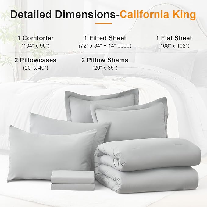 California King Size Comforter Set 7 Pieces - Soft Bed in a Bag King Bed Set, Cozy Luxury Bedding Sets with All Season Comforter, Flat Sheet, Fitted Sheet, 2 Pillowcases & 2 Shams, Light Gray