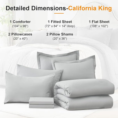 California King Size Comforter Set 7 Pieces - Soft Bed in a Bag King Bed Set, Cozy Luxury Bedding Sets with All Season Comforter, Flat Sheet, Fitted Sheet, 2 Pillowcases & 2 Shams, Light Gray