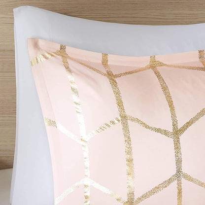 Intelligent Design Raina King/Cal King Comforter Set, Soft Microfiber, Modern Geometric Metallic Bed Set, 5 Pieces College Bedding with 2 Shams, 2 Toss Pillows Blush/Gold