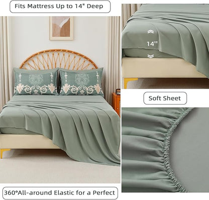 Mybedsoul 7 Pieces Sage Green Comforter Set King Size, Damask Bed in a Bag for King Bed, Lightweight Microfiber Boho Bedding Sets with Comforter, Sheet, Pillowcases & Shams for All Season(90"x104")