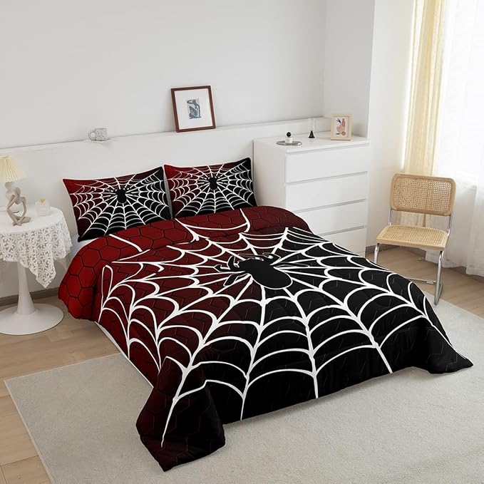Manfei Burgundy and Black Comforter Set Full Size, White Spider Web Print Down Comforter, Halloween Spider Bedding Set for Kids Boys Girls Bedroom Decor, Honeycomb Duvet Insert,2 Pillowcases