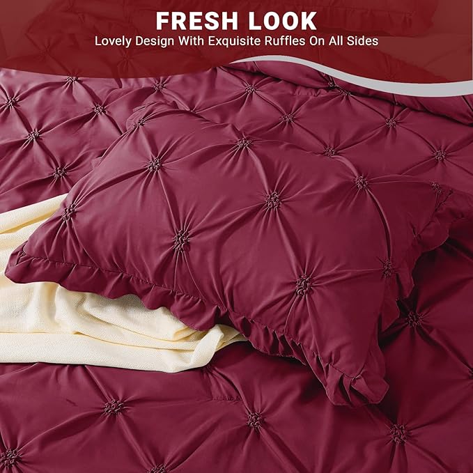 JOLLYVOGUE Burgundy Full Size Comforter Sets 7 Pieces, Pintuck Bed in a Bag Comforter Set for Bedroom, Bedding Comforter Sets with Comforter, Sheets,Ruffled Shams & Pillowcases