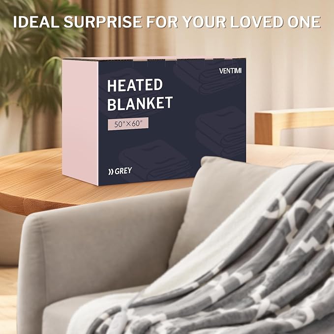 VENTIMI Electric Heated Blanket Throw, Heating Blanket with 5 Heat Settings & 3 Hours Auto-Off Timer, Warm Flannel Sherpa Heated Throw for Winter, Overheat Protection, 50’’×60’’, Machine Washable