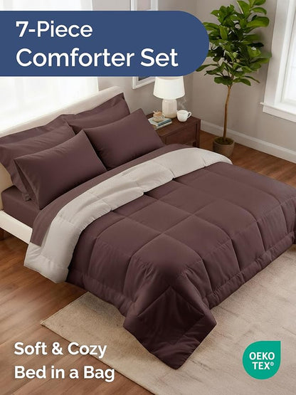King Comforter Set - 5 Piece Bed in a Bag King Size Bed Set - Down Alternative Comforter, Flat Sheet, Fitted Sheet, Pillowcase & Shams for All Seasons - Ultra Soft, Comfy and Breathable - Brown/Beige